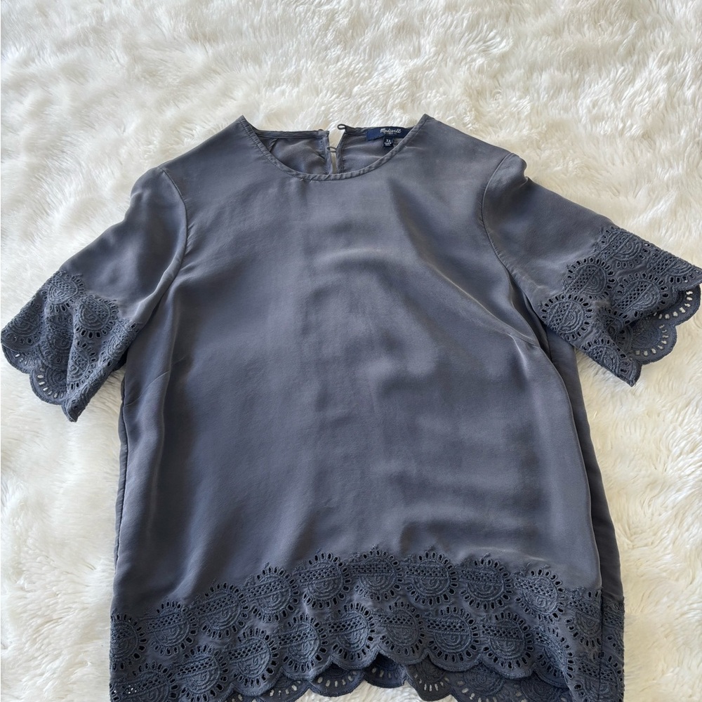 Madewell Gray Embellished Short Sleeve Blouse